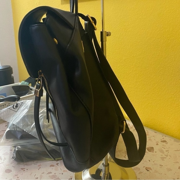 Faux Leather Backpack Black Gold Tone Hardware Great Quality Bag and Size - Picture 2 of 12